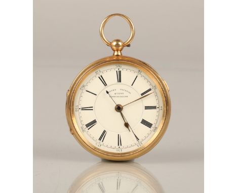 18ct gold open faced repeating pocket watch, white enamel dial with Roman numeral hour markers, dial stamped centre seconds 4