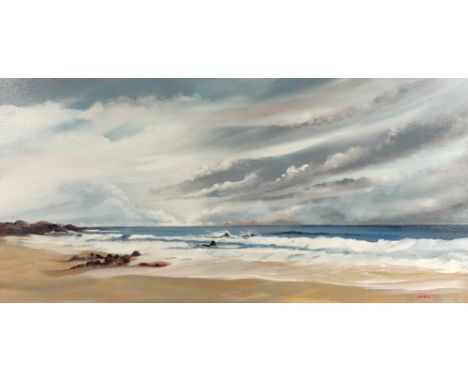 Giovanni(John) Spinelli (Scottish 20th Century) Summer Seascape Gilt framed oil on canvas signed 58 cm x 110cm