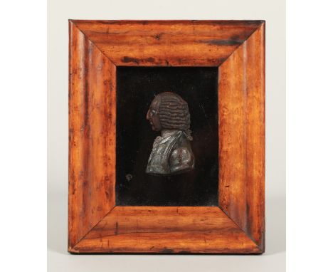 18th Century framed wax miniature portrait of William Pitt, inscribed verso, 10.5cm x 8 cm including mount.
