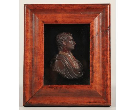 18th Century framed wax miniature portrait of Isaac Bachus, American, on glass, 10cm x 8cm including mount.