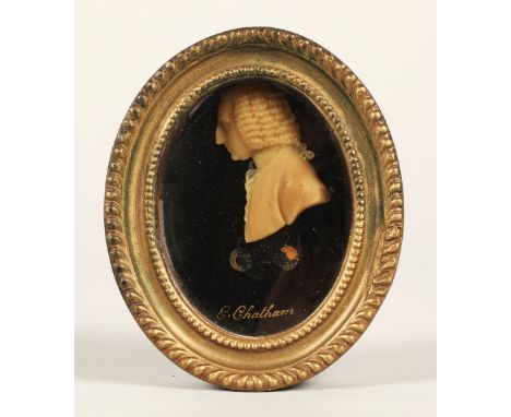 18th century framed wax miniature portrait of William Pitt Earl of Chatham, on glass, 10cm x 7.5 cm.