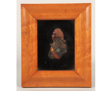 18th Century framed wax miniature portrait of Lord Nelson on glass, 11cm x 8cm including mount.