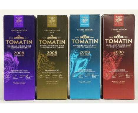 Set of four Tomatin 2008 limited edition 12 years old non chill filtered highland single malt cask scotch whisky's, From the 