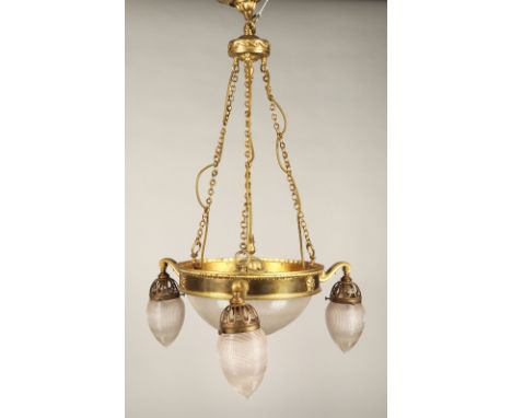19th Century light fitting, with central glass dome with three branches, 60cm diameter, 26cm high.Condition Report: The Glass