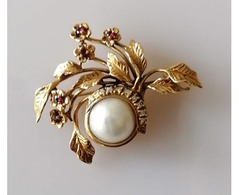 A Givenchy Moonlight and Roses brooch, 50mm x 40mm, in 14ct gold set with diamonds, rubies and a mabe pearl, 12mm, import mar