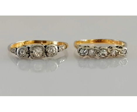 A five-stone and three-stone diamond ring, both on yellow gold, illusions settings, sizes O, R, both stamped 18ct, 4.5g