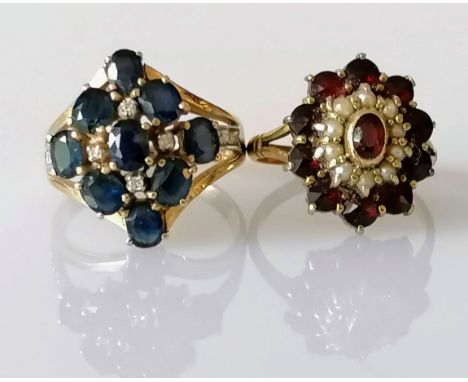 A sapphire and diamond cluster ring on yellow gold and a garnet and seed pearl flower ring, both size N and stamped 585, 7.98