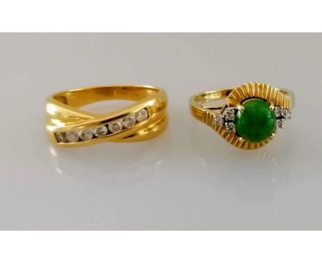 A channel-set gold and diamond ring and a jade and diamond ring, both hallmarked 18ct, sizes O, L, 8g (2)