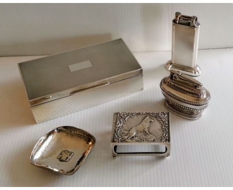 An Art Deco silver cigarette box with engine turned design, wood-lined interior, vacant cartouche by W H Manton Ltd., Birming