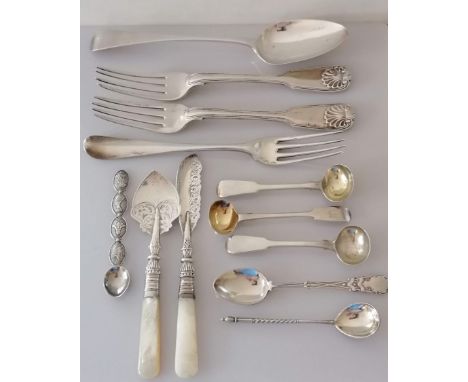 A George III silver table spoon, 22 cm and fork by George Smith, II and III; two Victorian King's pattern forks, Charles Boyt