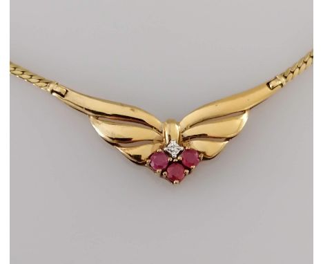 A 9ct yellow gold butterfly-shape pendant with ruby and diamond decoration on an integrated necklace, 38 cm, hallmarked, 8.47