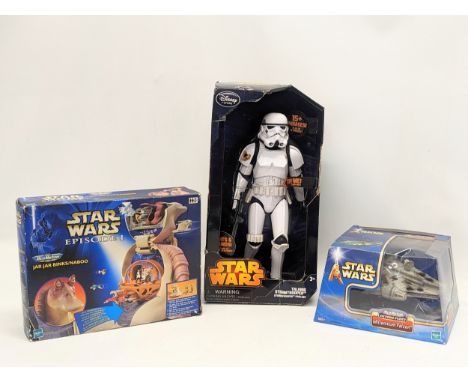 A collection of 3 Star Wars models including a talking Stormtrooper, Star Wars Episode I Jar Jar Binks/Naboo, and a Hasbro St