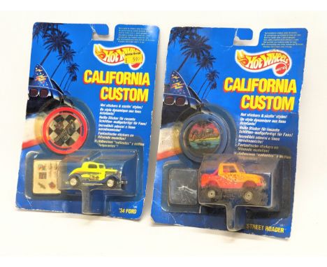2 vintage Hot Wheels 'California Custom's model cars by Mattel, including a Street Roader and 1934 Ford. 