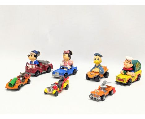 A collection of vintage model cars including 3 Matchbox Disney Series 1979, Matchbox Character Series model of Popeye 1980, a