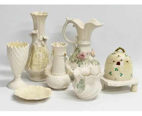 A collection of 4th period Belleek pottery. Honey pot 15x16cm. Jug 23cm. 