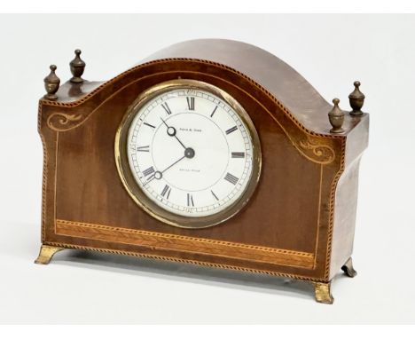 A late 19th/early 20th century inlaid mahogany mantle clock by Reid &amp; Sons. Swiss made. Circa 1890-1910. 20.5x7.5x15cm 