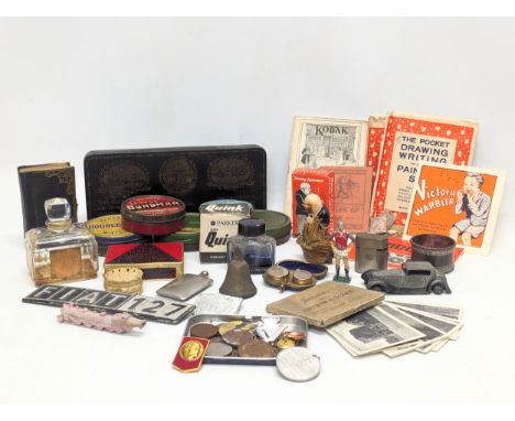 A quantity of vintage collectables. Including a quantity of vintage tins, Parker Super Quick permanent black ink, A Cleveland
