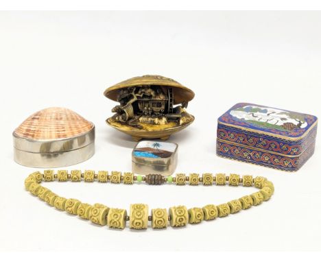 A quantity of vintage collectables including a Japanese diorama, trinket boxes, and a Chinese beaded necklace. 