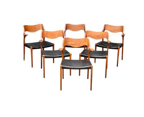 A set of 6 rare Danish Mid Century teak carver chairs designed by Niels Otto Moller for J.L. Moller. Model 55. Designed in 19