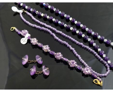 A selection of amethyst and citrine jewellery comprised of faceted amethyst bead and paste necklace, a spherical bead necklac