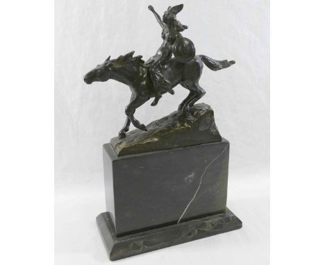 A Valkyrie on horseback, bronze, signed Schmidt-Felling, on raised rectangular stepped plinth, 28.5cm high, spear lackingCOND