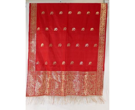 An Indian gold embroidered red scarf with gold tassels, and ten floral scarvesCONDITION REPORTS &amp; PAYMENT DETAILSIMPORTAN