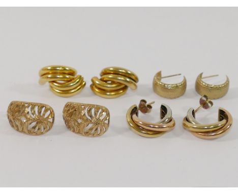 Five pairs of 9 carat gold and yellow metal earrings, a chlid's signet ring stamped '9CT', and an assortment of other yellow 