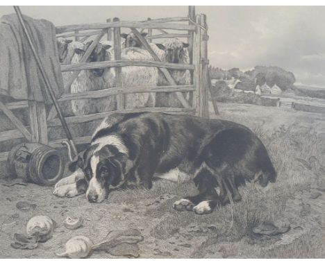 After John Sargent Noble (1848-1896), Sheep dog with sheep behind hurdle, monochrome print, signed in pencil to the margin by