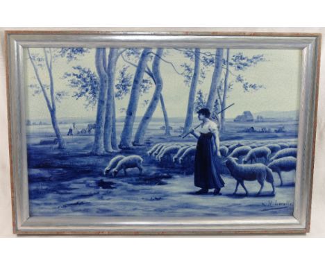 After Henri Lerolle (1848 - 1929), a large blue and white printed rectangular ceramic plaque depicting a French peasant scene