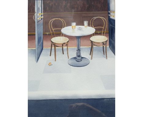 Michael W Potter (b. 1955), table and chairs outside a cafe, watercolour, signed lower right, 51cm x 38cm, framed and glazed 