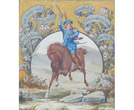 Five small 19th century lithograph illustrations from the poem Marmion by Sir Walter Scott, housed beneath gilt mount, centra