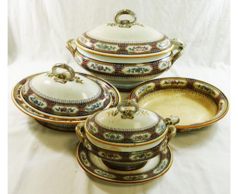 A large quantity of Minton 'Chinese Key' dinnerware comprised of two large oval serving plates, 55cm long, and three graduate