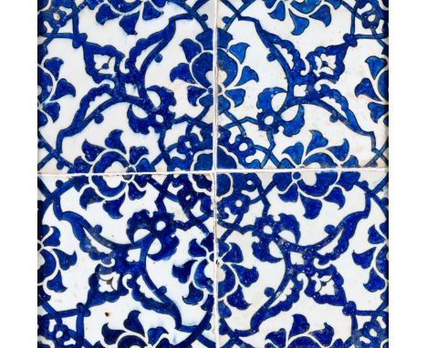 A PANEL OF FOUR 'DOME OF THE ROCK' TILES, OTTOMAN PALESTINE OR SYRIA, 16TH CENTURY  glazed fritware, with underglaze painted 
