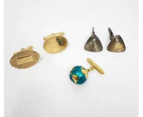 PAIR OF CUFFLINKS  each triangular engine turned panel set with a brilliant-cut diamond; together with two similar oval cuffl