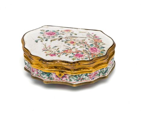 A CHINESE CANTON ENAMEL SNUFF BOX, QIANLONG, MID 18TH CENTURY  cartouche shaped, the lid painted with birds amid flowering an