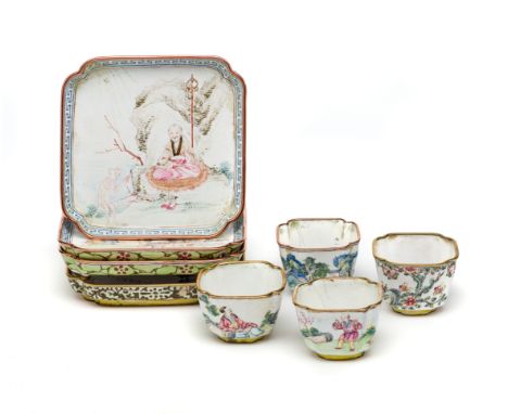 A GROUP OF CHINESE CANTON ENAMEL WARES, 18TH CENTURY  comprising four square dishes with canted corners and four teabowls  di