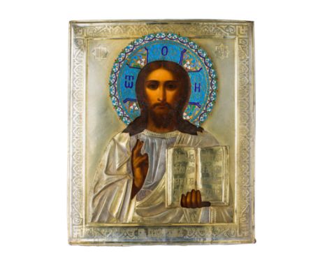 A RUSSIAN PARCEL-GILT-SILVER AND CLOISONNE ENAMEL MOUNTED ICON OF CHRIST PANTOCRATOR, SYLVESTER GERASIMOVICH VOLKOV, MOSCOW, 