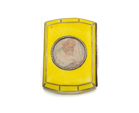 AN AUSTRIAN ENAMELLED SILVER CIGARETTE CASE, PROBABLY JOSEF ZAUZA, VIENNA, EARLY 20TH CENTURY  canted rectangular, yellow gui