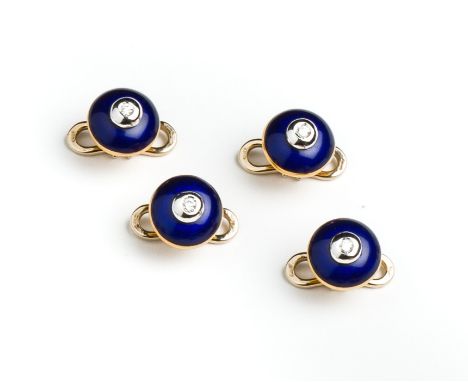 ENAMEL AND DIAMOND DRESS STUDS  each cobalt blue enamel dome set with a brilliant-cut diamond with pierced curlicue pattern t