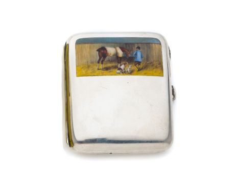 A GERMAN SILVER CIGARETTE CASE, CIRCA 1900  pocket fitting oblong form, the lid partly covered by an en plein enamel panel pa