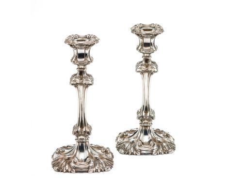 A PAIR OF VICTORIAN SILVER CANDLESTICKS, HENRY WILKINSON &amp; CO., SHEFFIELD, 1837  the shaped square bases, waisted stems, 