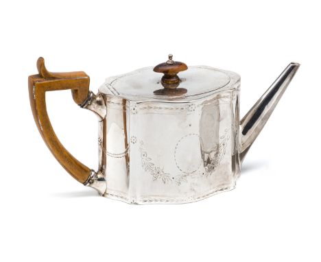 A GEORGE III SILVER TEAPOT, ALDRIDGE &amp; GREEN, LONDON, 1782  shaped oval, bright-cut with foliate swags and a vacant oval 