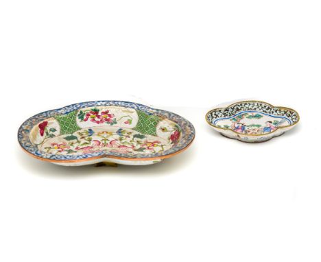 TWO CHINESE CANTON ENAMEL DISHES, QIANLONG PERIOD (1736-95)  comprising a kidney-shaped dish raised on three short feet, enam