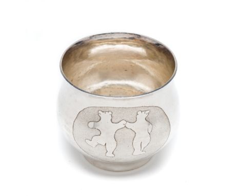 A SILVER CHILD'S CUP, ANTHONY HAWKSLEY, LONDON, 1972  the spot hammered compressed baluster body with an acid etched oval of 