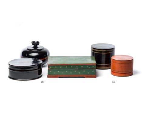 TWO LACQUER BETEL BOXES, BURMA, FIRST HALF 20TH CENTURY  each of cylindrical form with sgraffito decoration one on black, the