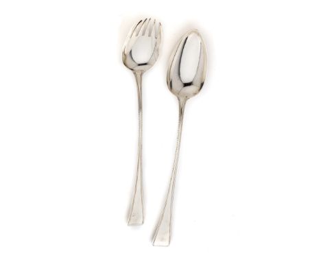 A MATCHED PAIR OF GEORGE III SILVER SALAD SERVERS, LONDON, 1796/98  Beaded pattern, plain, the fork George Smith, 1796, the s