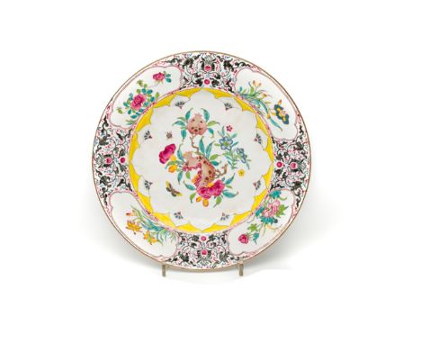 A CHINESE CANTON ENAMEL 'POMEGRANATE' PLATE, QIANLONG PERIOD (1736-95)  finely and brightly enamelled to the interior with a 