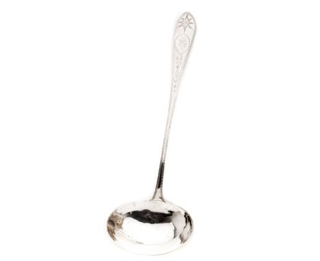AN IRISH PROVINCIAL GEORGE III SILVER SOUP LADLE, SAMUEL GREEN, CORK, CIRCA 1805  Celtic Point Bright-cut Star pattern, engra