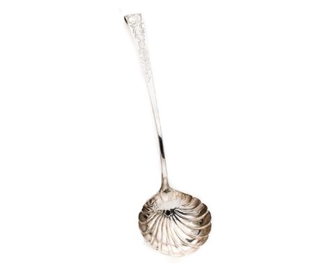 AN IRISH GEORGE III SILVER SOUP LADLE, MICHAEL CORMICK, PROBABLY RETAILED BY JOHN LAUGHLIN, DUBLIN, 1767  with fluted bowl an