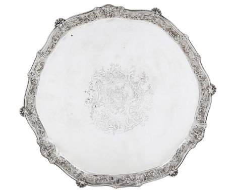 A GEORGE II SILVER SALVER, JOHN HUGH LE SAGE, LONDON, 1746  shaped circular, the applied rim cast and pierced with fruiting v